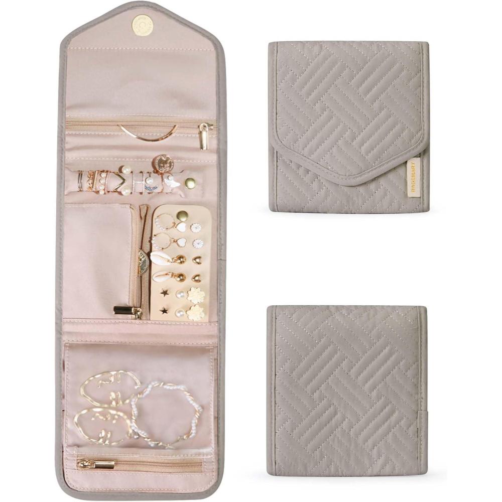 image:imageBAGSMART Travel Jewelry Organizer Case Foldable Small Jewelry Roll for Journey Rings Necklaces Earrings BraceletsMiniSoft PinkWarm Gray