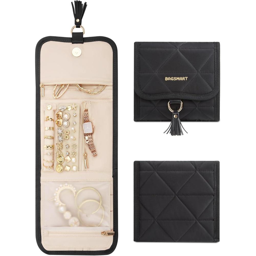 image:imageBAGSMART Travel Jewelry Organizer for Women Foldable Jewelry Storage Roll for Earrings Necklaces Bracelets Earrings Brooches Fashion BlackBlack
