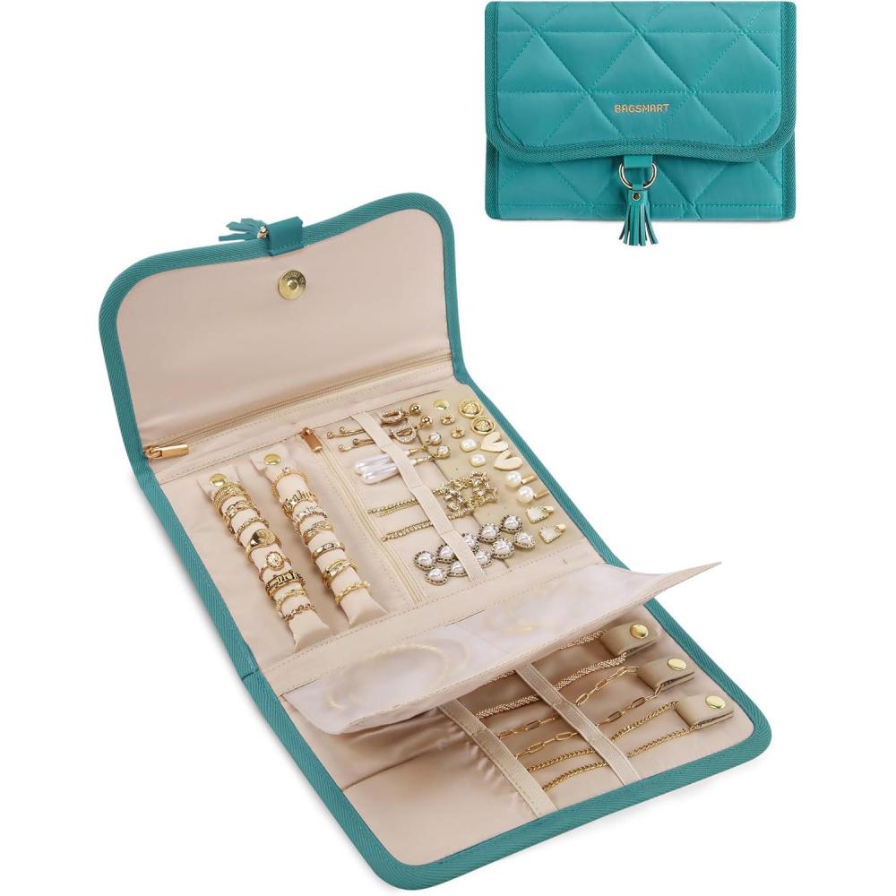 image:imageBAGSMART Travel Jewelry Organizer for Women Foldable Jewelry Storage Roll for Earrings Necklaces Bracelets Earrings Brooches Fashion BlackGreen
