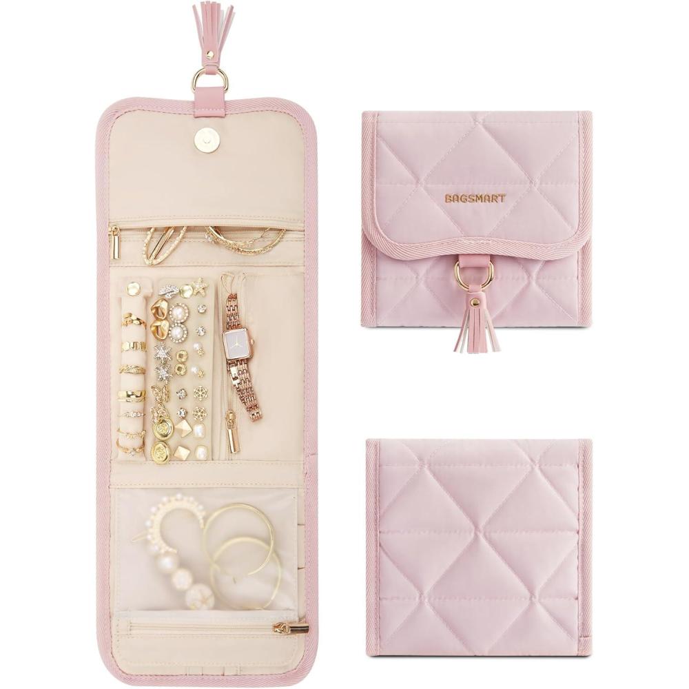 image:imageBAGSMART Travel Jewelry Organizer for Women Foldable Jewelry Storage Roll for Earrings Necklaces Bracelets Earrings Brooches Fashion BlackPink