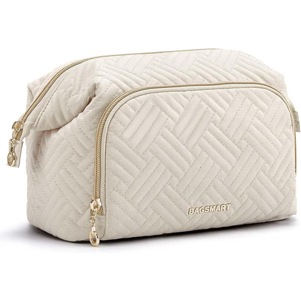 image:imageBAGSMART Travel Makeup Bag Cosmetic Bag Make Up Organizer CaseLarge Wideopen Pouch for Women Purse for Toiletries Accessories BrushesD1 Layer Beige