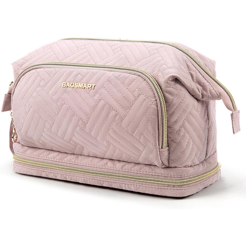 image:imageBAGSMART Travel Makeup Bag Cosmetic Bag Make Up Organizer CaseLarge Wideopen Pouch for Women Purse for Toiletries Accessories BrushesM2 Layers Pink