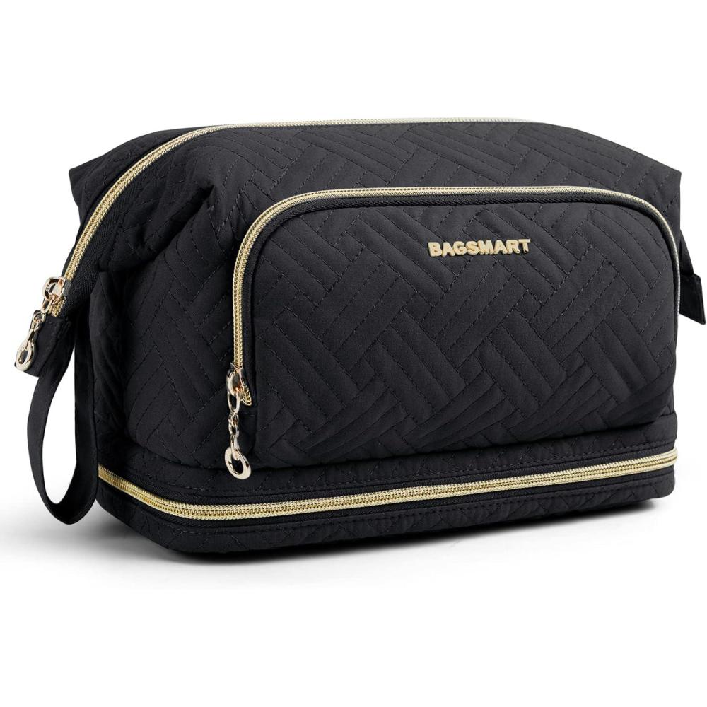 image:imageBAGSMART Travel Makeup Bag Cosmetic Bag Make Up Organizer CaseLarge Wideopen Pouch for Women Purse for Toiletries Accessories BrushesN2 Layers Black