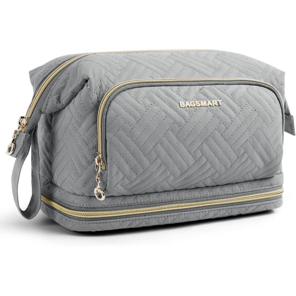 image:imageBAGSMART Travel Makeup Bag Cosmetic Bag Make Up Organizer CaseLarge Wideopen Pouch for Women Purse for Toiletries Accessories BrushesP2 Layers Grey