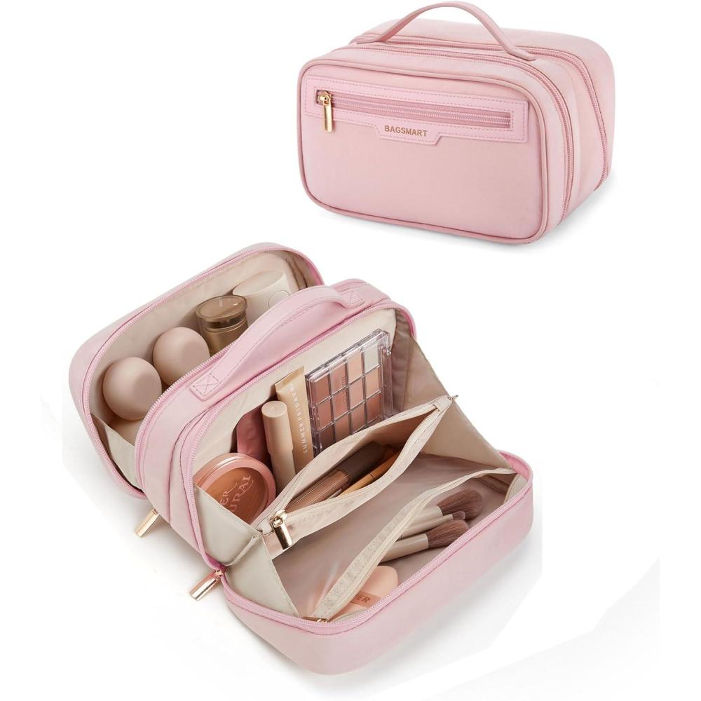 image:imageBAGSMART Travel Makeup Bag Make Up Bag with Multiple Compartments for Organizer Durable ampamp Compact Cosmetic Organizer for Women for Travel Accessories BeigePink