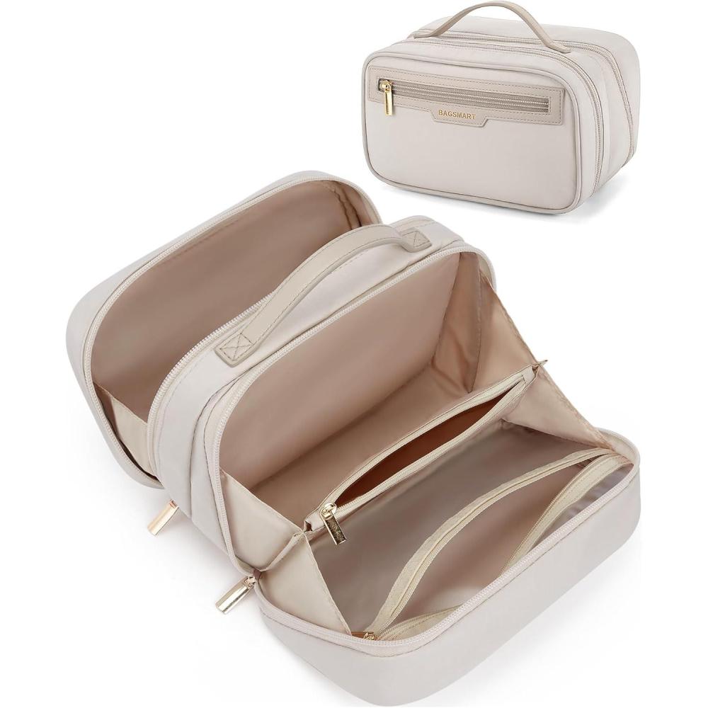 image:imageBAGSMART Travel Makeup Bag Make Up Bag with Multiple Compartments for Organizer Durable ampamp Compact Cosmetic Organizer for Women for Travel Accessories BeigeWarm gray