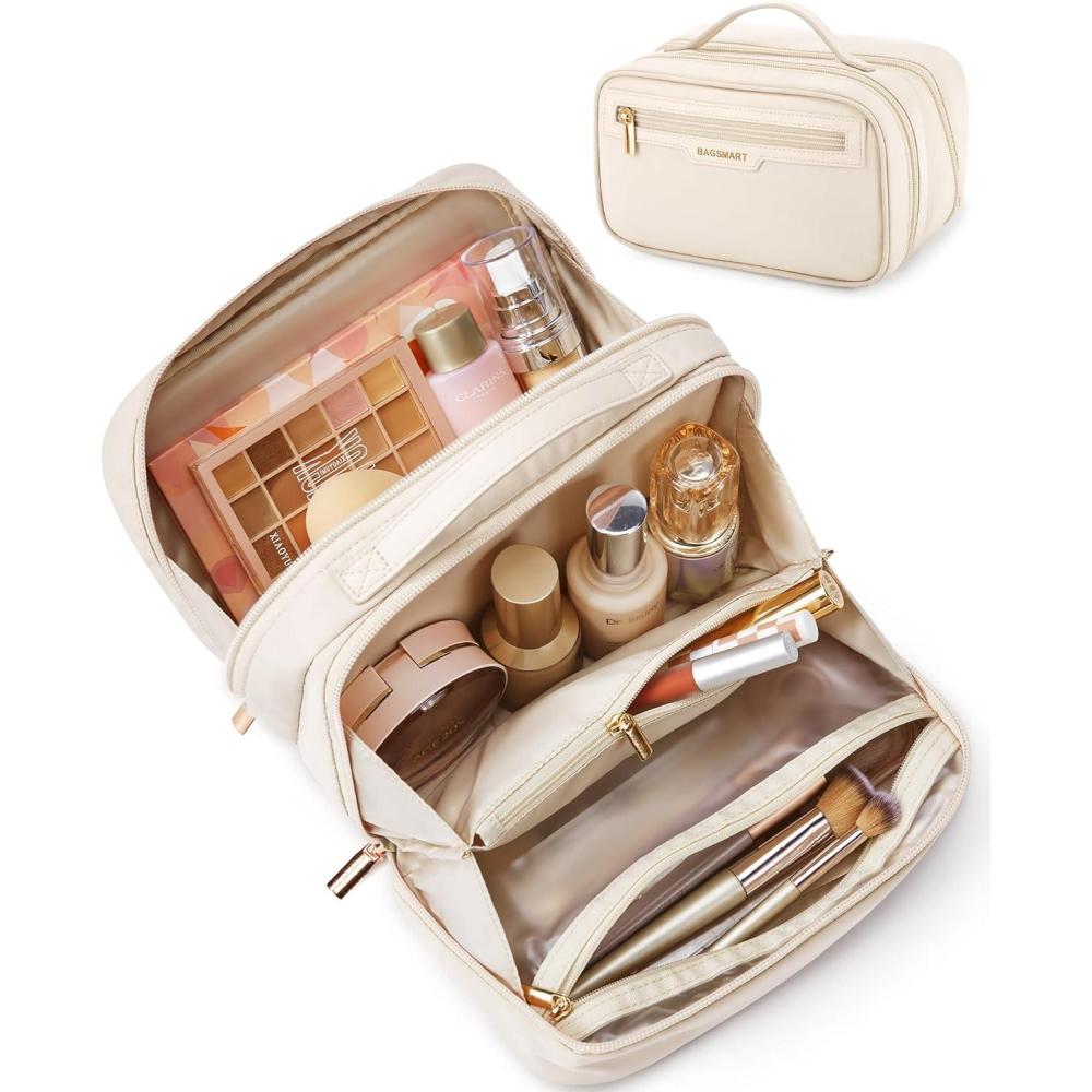 image:imageBAGSMART Travel Makeup Bag Make Up Bag with Multiple Compartments for Organizer Durable ampamp Compact Cosmetic Organizer for Women for Travel Accessories BeigeBeige