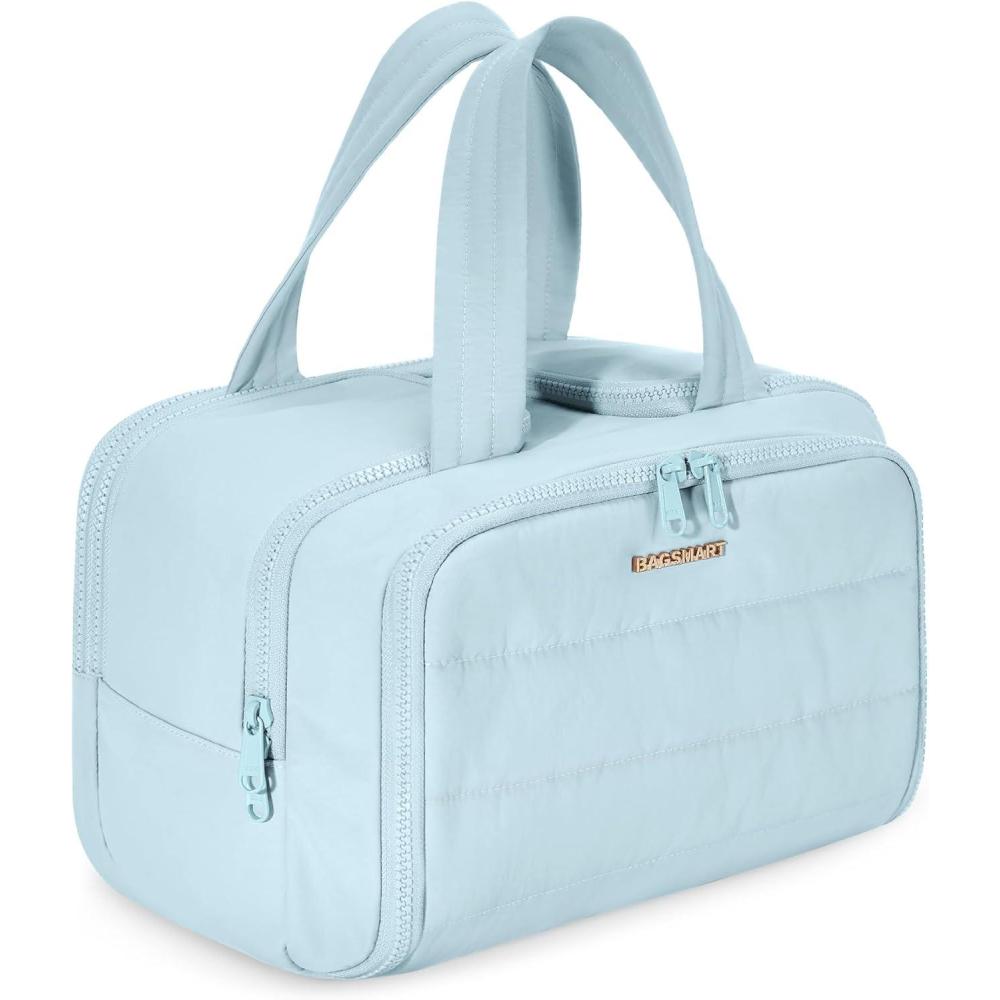 image:imageBAGSMART Travel Toiletry Bag Lightweight Large Wideopen Travel Bag for Women Puffy Cosmetic Makeup Bag Organizer with Handle for AccessoriesEssentials Toiletries BlackdBlue