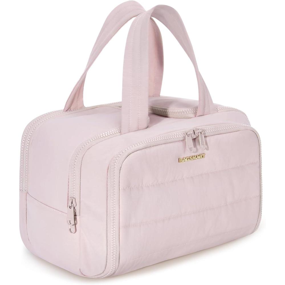 image:imageBAGSMART Travel Toiletry Bag Lightweight Large Wideopen Travel Bag for Women Puffy Cosmetic Makeup Bag Organizer with Handle for AccessoriesEssentials Toiletries BlackdPink