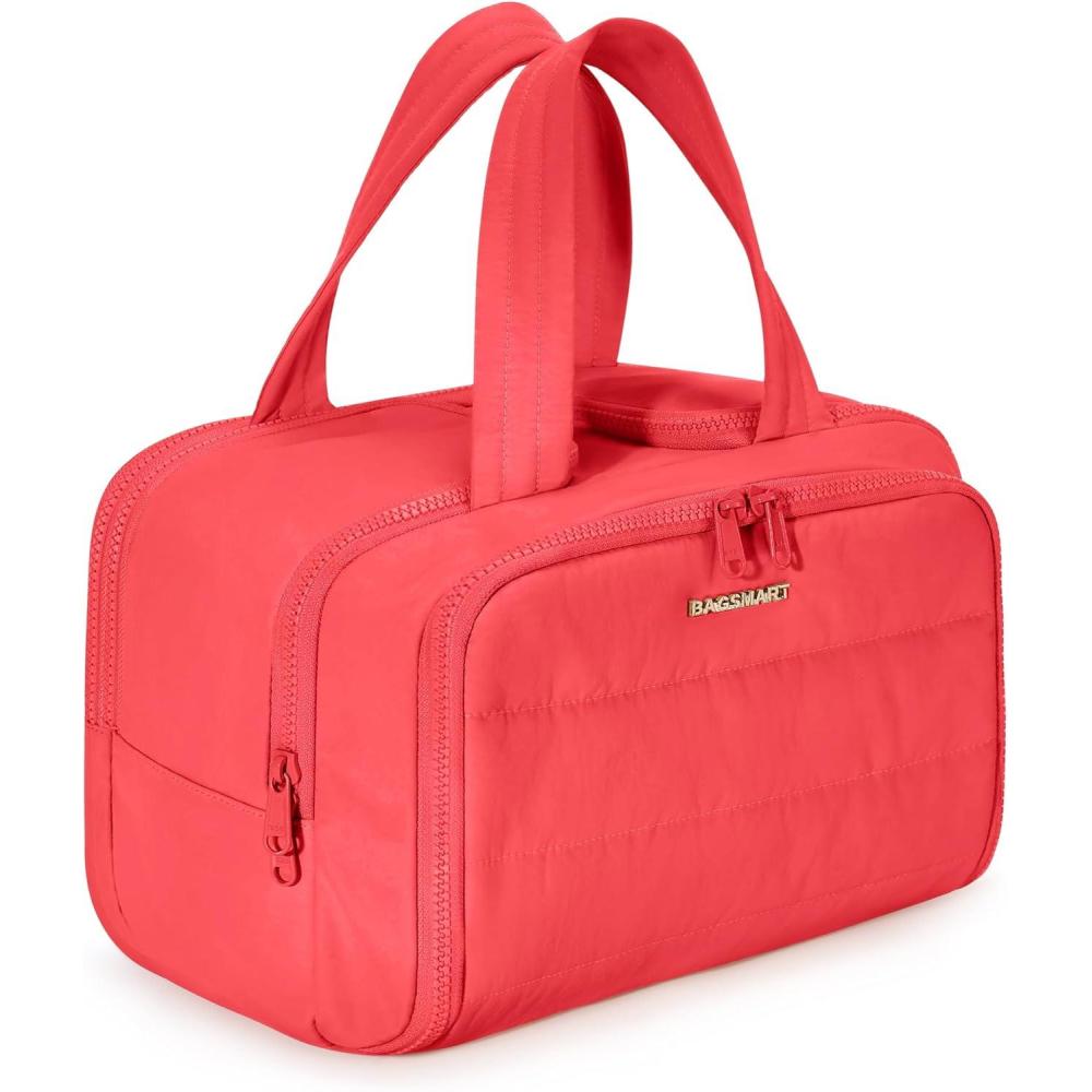 image:imageBAGSMART Travel Toiletry Bag Lightweight Large Wideopen Travel Bag for Women Puffy Cosmetic Makeup Bag Organizer with Handle for AccessoriesEssentials Toiletries BlackhBright Red