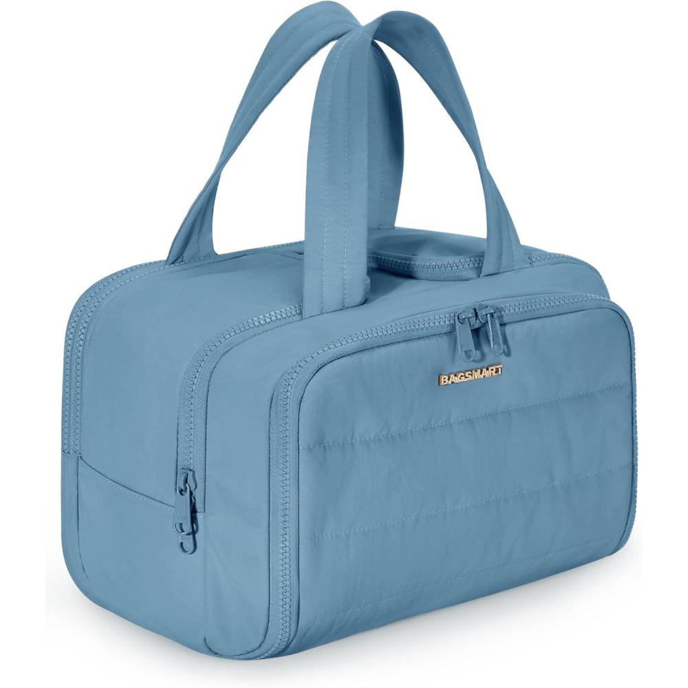 image:imageBAGSMART Travel Toiletry Bag Lightweight Large Wideopen Travel Bag for Women Puffy Cosmetic Makeup Bag Organizer with Handle for AccessoriesEssentials Toiletries BlackhSteel Blue