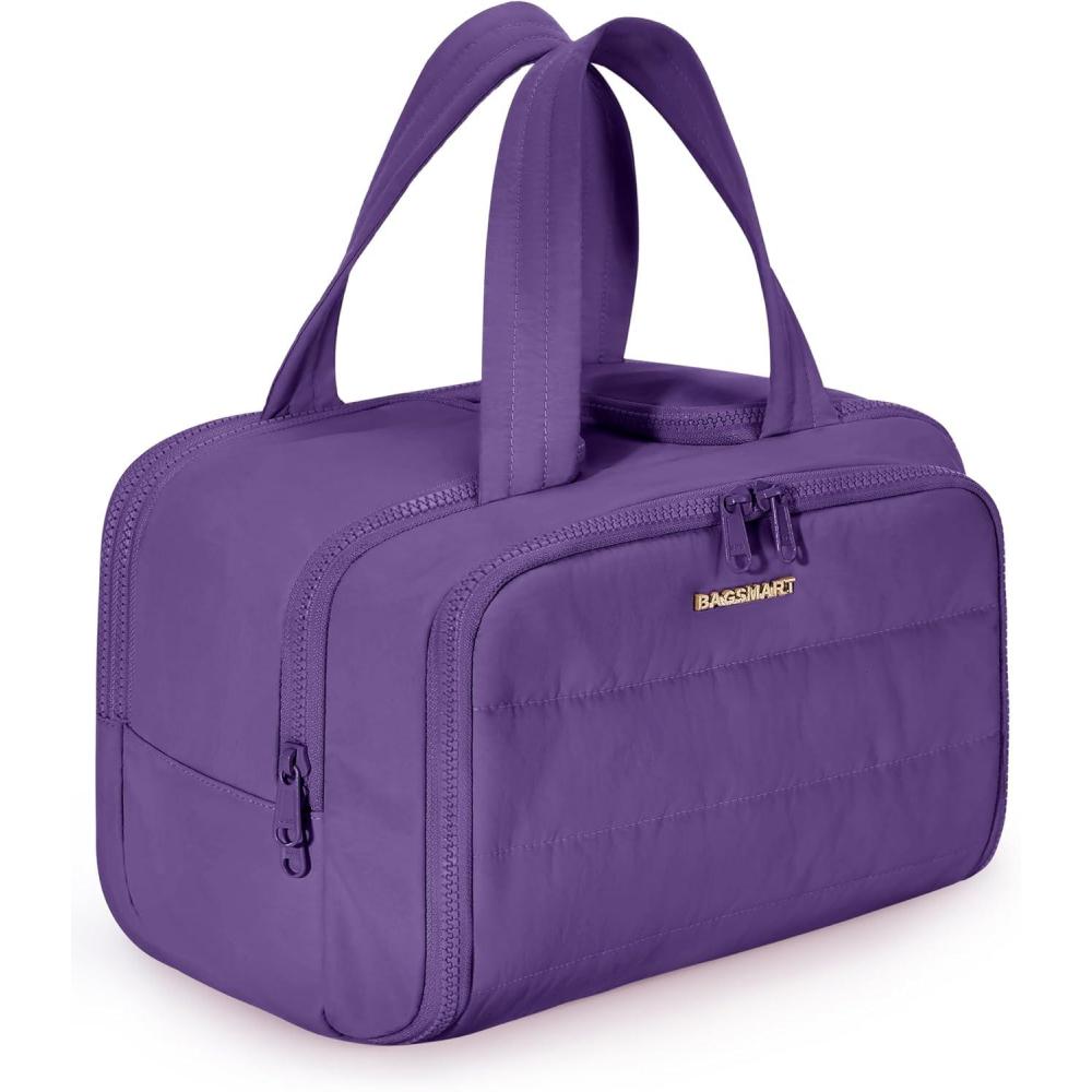 image:imageBAGSMART Travel Toiletry Bag Lightweight Large Wideopen Travel Bag for Women Puffy Cosmetic Makeup Bag Organizer with Handle for AccessoriesEssentials Toiletries BlackfDark Purple