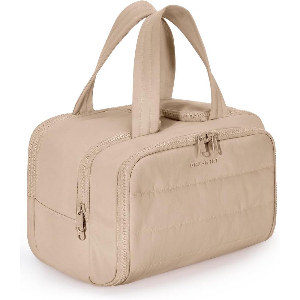 image:imageBAGSMART Travel Toiletry Bag Lightweight Large Wideopen Travel Bag for Women Puffy Cosmetic Makeup Bag Organizer with Handle for AccessoriesEssentials Toiletries BlackgKhaki