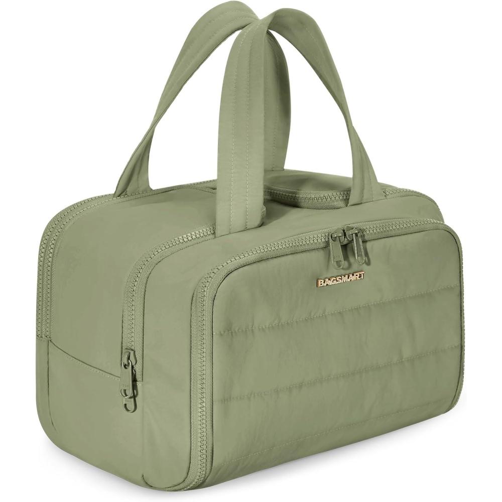 image:imageBAGSMART Travel Toiletry Bag Lightweight Large Wideopen Travel Bag for Women Puffy Cosmetic Makeup Bag Organizer with Handle for AccessoriesEssentials Toiletries BlackeArmy Green