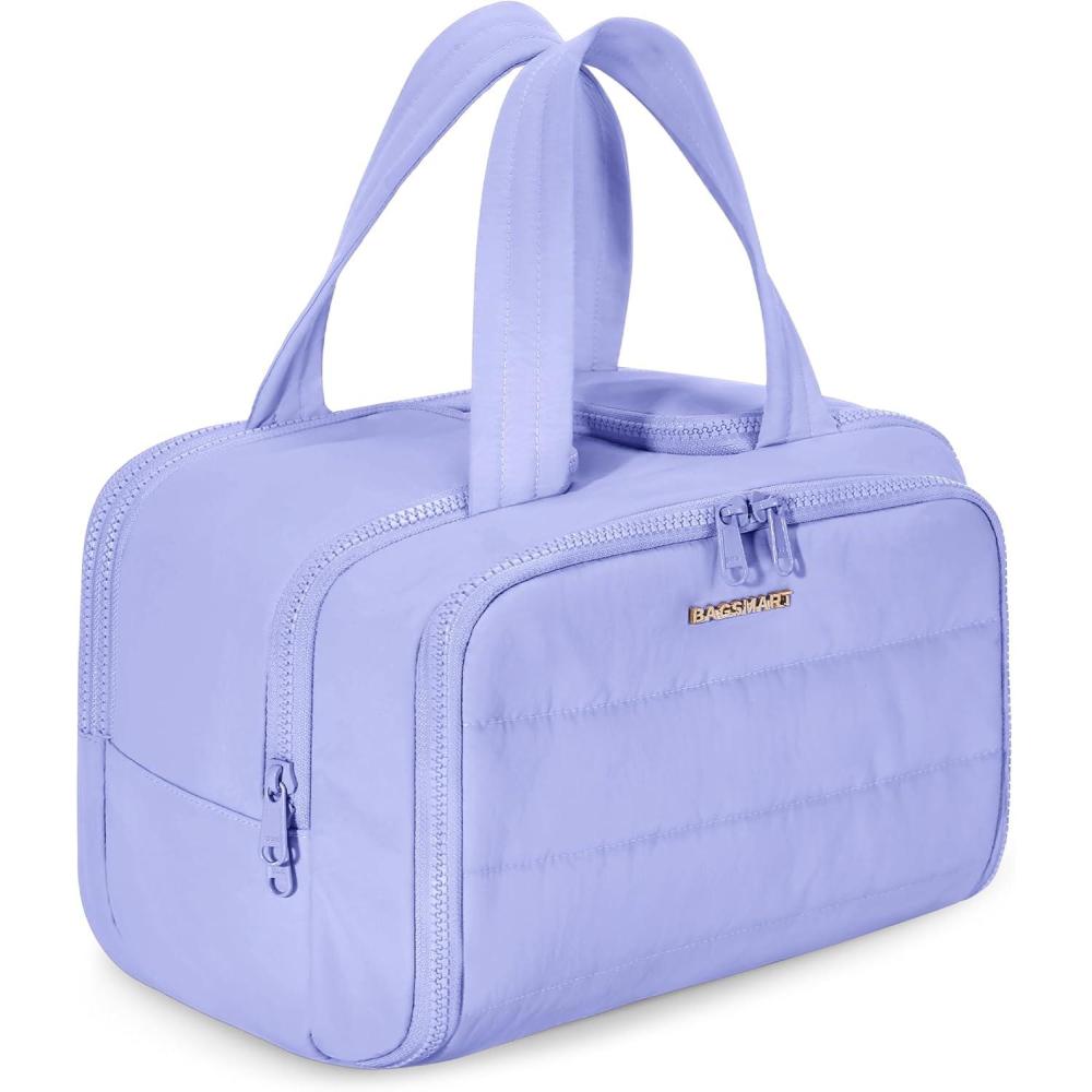 image:imageBAGSMART Travel Toiletry Bag Lightweight Large Wideopen Travel Bag for Women Puffy Cosmetic Makeup Bag Organizer with Handle for AccessoriesEssentials Toiletries BlackdLight Purple