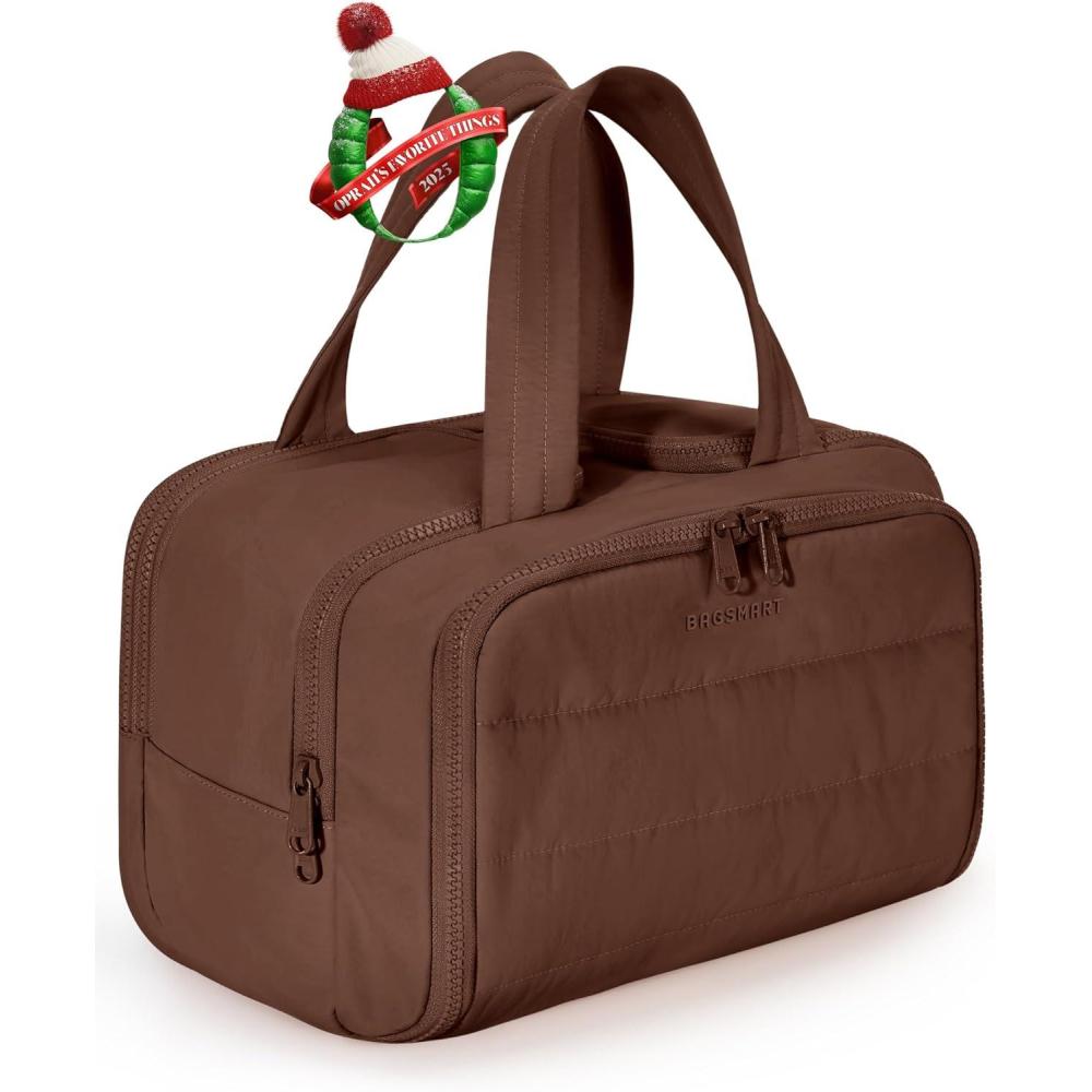image:imageBAGSMART Travel Toiletry Bag Lightweight Large Wideopen Travel Bag for Women Puffy Cosmetic Makeup Bag Organizer with Handle for AccessoriesEssentials Toiletries BlackgCoffee Brown