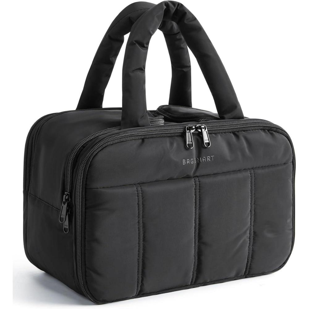image:imageBAGSMART Travel Toiletry Bag Puffy Large Toiletry Bag for Women Lightweight Cosmetic Makeup Bag Organizer with Handle for Traveling Accessories Essentials Toiletries GreenBBlack