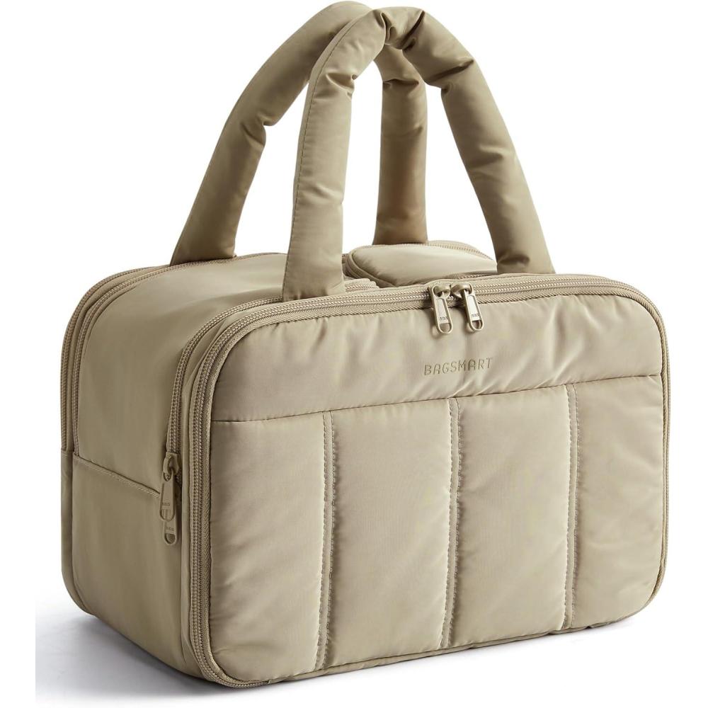 image:imageBAGSMART Travel Toiletry Bag Puffy Large Toiletry Bag for Women Lightweight Cosmetic Makeup Bag Organizer with Handle for Traveling Accessories Essentials Toiletries GreenDLight Camel