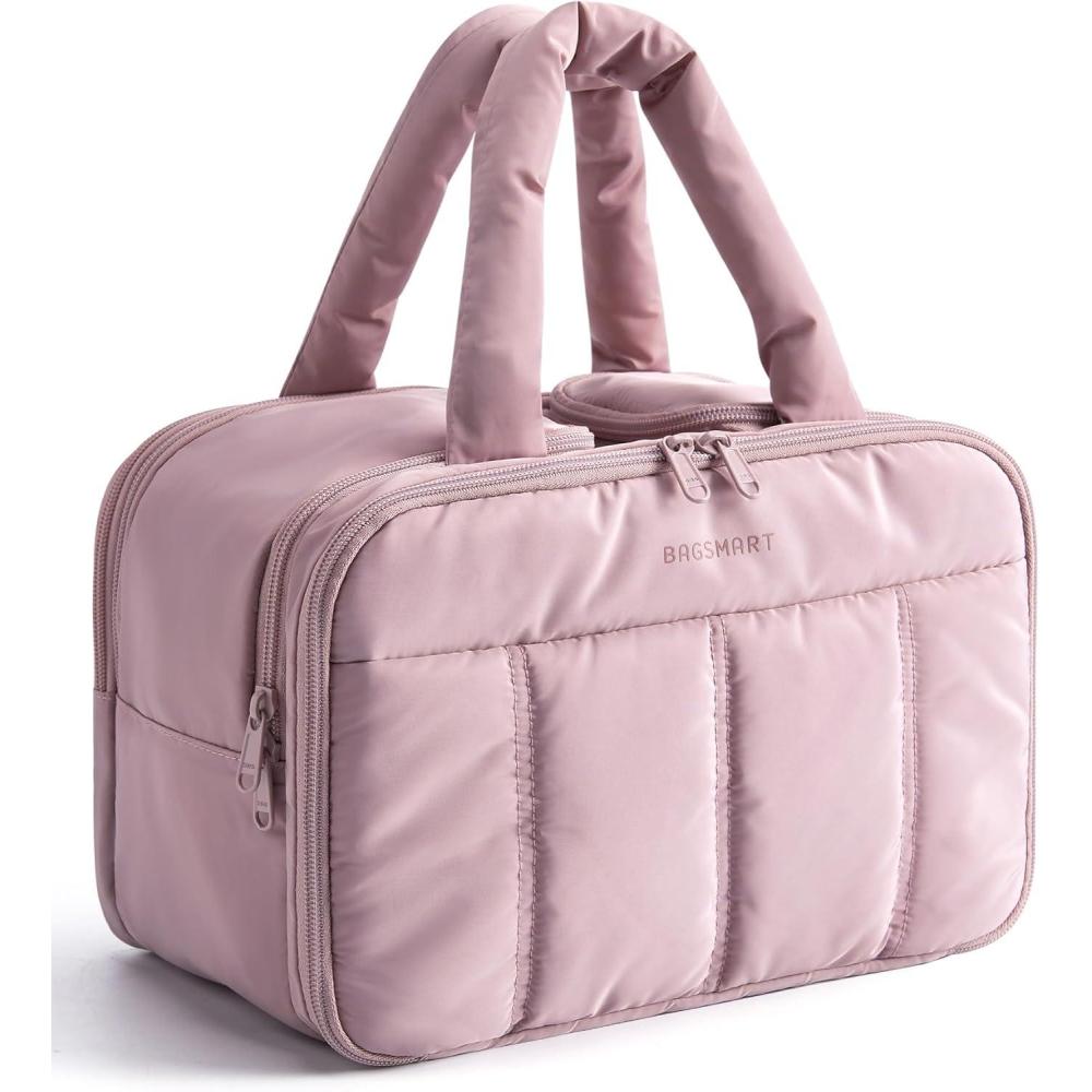 image:imageBAGSMART Travel Toiletry Bag Puffy Large Toiletry Bag for Women Lightweight Cosmetic Makeup Bag Organizer with Handle for Traveling Accessories Essentials Toiletries GreenGPurple
