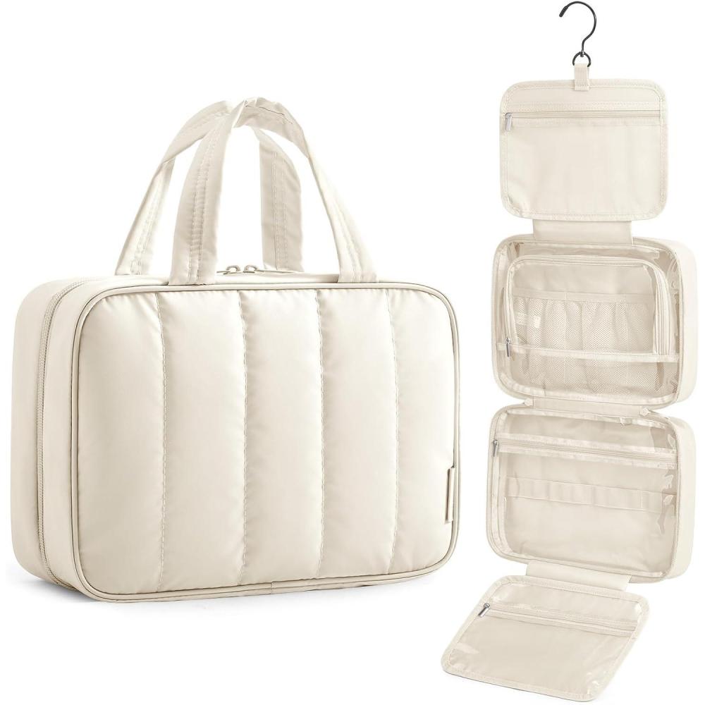 image:imageBAGSMART Travel Toiletry Bag for women Portable Hanging Hook Makeup Bag Organizer Waterproof Makeup Cosmetic Bag for FullSize Accessories Toiletries CamelBeige