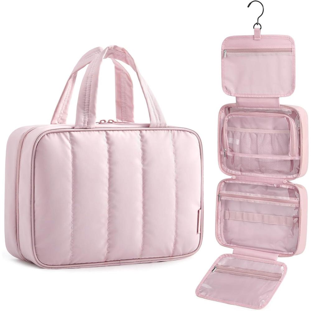 image:imageBAGSMART Travel Toiletry Bag for women Portable Hanging Hook Makeup Bag Organizer Waterproof Makeup Cosmetic Bag for FullSize Accessories Toiletries CamelPink