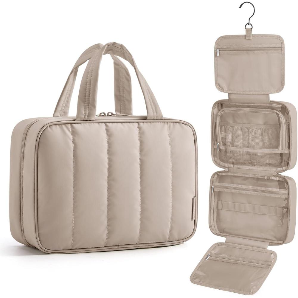 image:imageBAGSMART Travel Toiletry Bag for women Portable Hanging Hook Makeup Bag Organizer Waterproof Makeup Cosmetic Bag for FullSize Accessories Toiletries CamelCamel