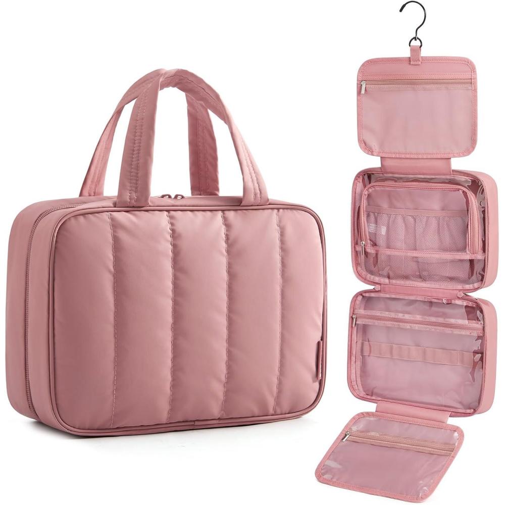 image:imageBAGSMART Travel Toiletry Bag for women Portable Hanging Hook Makeup Bag Organizer Waterproof Makeup Cosmetic Bag for FullSize Accessories Toiletries CamelDusty Rose