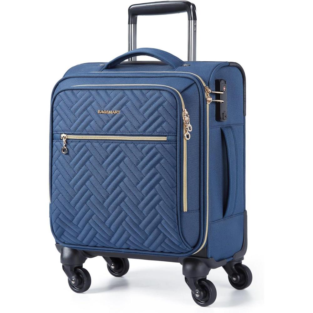 image:imageBAGSMART Underseat Carry On luggage Airline approved 16inch Softside Underseater Travel Suitcase with Spinner Wheels Lightweight Overnight Bag Small Rolling Carryon for Women Men WeekenderBlackUnderseatDark Blue
