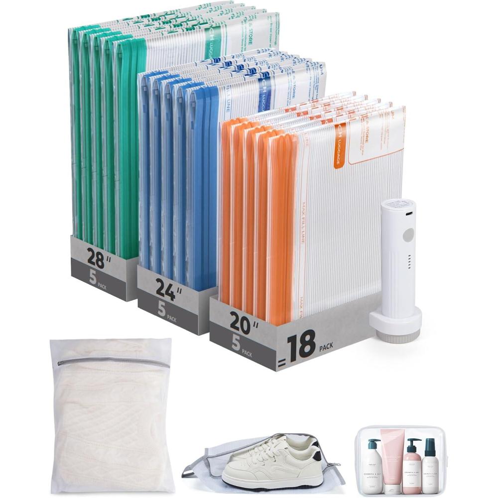 image:imageBAGSMART Vacuum Storage Bags for Travel with Rechargeable Air Pump 21 Pack Portable Space Saver Bags for Travel ampamp Home Vacuum Compression Seal Bag for Clothing Blanket Duvets18 Combo Travel Set