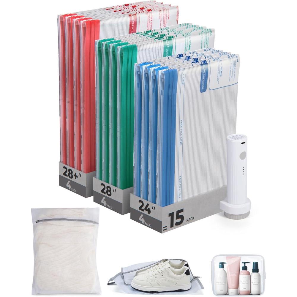 image:imageBAGSMART Vacuum Storage Bags for Travel with Rechargeable Air Pump 21 Pack Portable Space Saver Bags for Travel ampamp Home Vacuum Compression Seal Bag for Clothing Blanket Duvets15 Combo Travel Sets