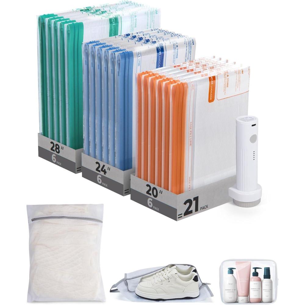 image:imageBAGSMART Vacuum Storage Bags for Travel with Rechargeable Air Pump 21 Pack Portable Space Saver Bags for Travel ampamp Home Vacuum Compression Seal Bag for Clothing Blanket Duvets21 Combo Travel Sets