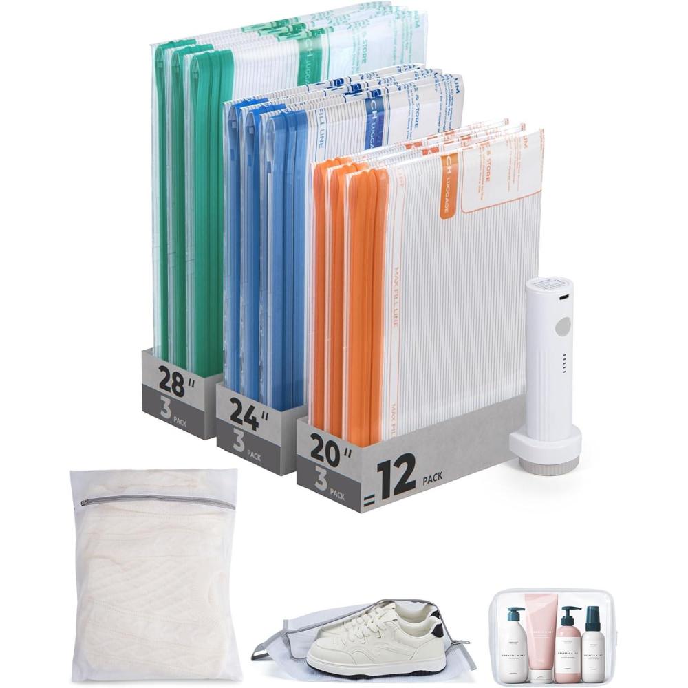 image:imageBAGSMART Vacuum Storage Bags for Travel with Rechargeable Air Pump 21 Pack Portable Space Saver Bags for Travel ampamp Home Vacuum Compression Seal Bag for Clothing Blanket Duvets12 Combo Travel Sets