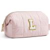 BAGSMART Makeup Bag Travel Toiletry Bag, Puffy Padded Make Up Bags for Women Makeup Organizer Case, Wide-open Pouch Purse Travel Essentials Toiletries Accessories Brushes, Pink(29-Letter L)