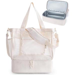 BAGSMART Beach Bag for Women, Mesh Tote Bags with Zipper, Sandproof Vacation Essentials with Cooler for Swim Cruise Pool(Beige)