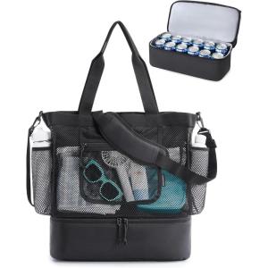 BAGSMART Beach Bag for Women, Mesh Tote Bags with Zipper, Sandproof Vacation Essentials with Cooler for Swim Cruise Pool(Black)