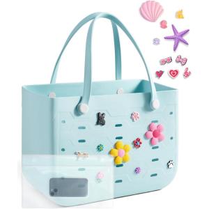BAGSMART Beach Bag for Women, Water-resistant Rubber Tote Bag, Sandproof Vacation Essentials for Summer Swim Cruise Pool(Baby Blue)
