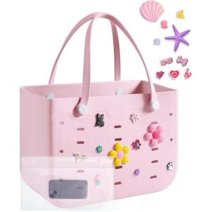 BAGSMART Beach Bag for Women, Water-resistant Rubber Tote Bag, Sandproof Vacation Essentials for Summer Swim Cruise Pool(Baby Pink)