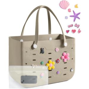 BAGSMART Beach Bag for Women, Water-resistant Rubber Tote Bag, Sandproof Vacation Essentials for Summer Swim Cruise Pool(Khaki)