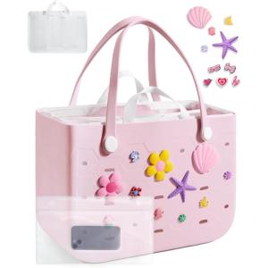 BAGSMART Beach Bag for Women, Water-resistant Rubber Tote Bag, Sandproof Vacation Essentials for Summer Swim Cruise Pool(Rosy Pink)