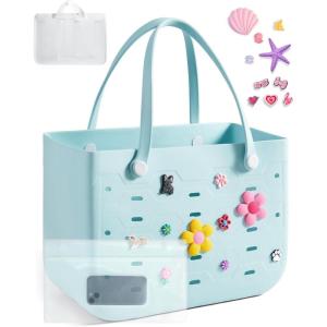 BAGSMART Beach Bag for Women, Water-resistant Rubber Tote Bag, Sandproof Vacation Essentials for Summer Swim Cruise Pool(Sky Blue)