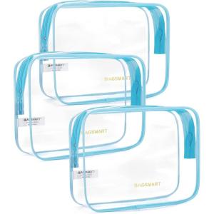 BAGSMART Clear Toiletry Bag, 3-Pack TSA Approved Travel Toiletry Bag Carry On Travel Accessories Bag Airport Airline Quart Size Bags water-resistant Makeup Bag for Women(Cerulean Blue)