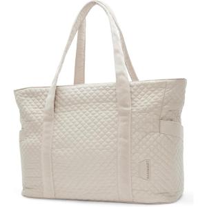 BAGSMART Crush Tote Bag for Women, 20L Puffer Work Tote with Zipper, Travel Essentials Quilted Nurse Hospital Bag(Beige)