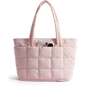 BAGSMART Expandable Tote Bag for Women, Puffer Work Tote Handbag, Quilted Carry On Bag for Travel Gym(Blush Pink)