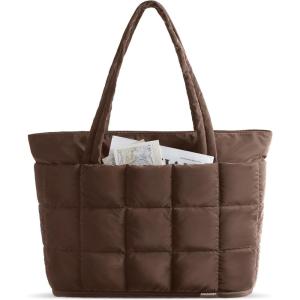BAGSMART Expandable Tote Bag for Women, Puffer Work Tote Handbag, Quilted Carry On Bag for Travel Gym(Chocolate)