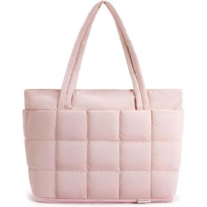 BAGSMART Expandable Tote Bag for Women, Zippered Puffer Design with Water-Resistant Quilted, Nurse and Carry-On Travel Bag, Pink