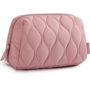 BAGSMART Makeup Bag, Travel Cosmetic Bag, Puffy Padded Make Up Bag for Women, Makeup Organizer Case, Wide-open Pouch Purse, Travel Essentials, Toiletries Accessories Brushes, Pink(C-Dark Pink)