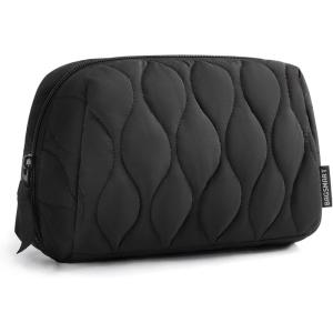 BAGSMART Makeup Bag, Travel Cosmetic Bag, Puffy Padded Make Up Bag for Women, Makeup Organizer Case, Wide-open Pouch Purse, Travel Essentials, Toiletries Accessories Brushes, Pink(B-Black)