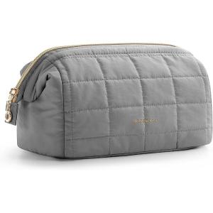 BAGSMART Makeup Bag Travel Toiletry Bag, Puffy Padded Make Up Bags for Women Makeup Organizer Case, Wide-open Pouch Purse Travel Essentials Toiletries Accessories Brushes, Pink(08-Grey)