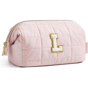 BAGSMART Makeup Bag Travel Toiletry Bag, Puffy Padded Make Up Bags for Women Makeup Organizer Case, Wide-open Pouch Purse Travel Essentials Toiletries Accessories Brushes, Pink(29-Letter L)