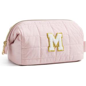 BAGSMART Makeup Bag Travel Toiletry Bag, Puffy Padded Make Up Bags for Women Makeup Organizer Case, Wide-open Pouch Purse Travel Essentials Toiletries Accessories Brushes, Pink(30-Letter M)